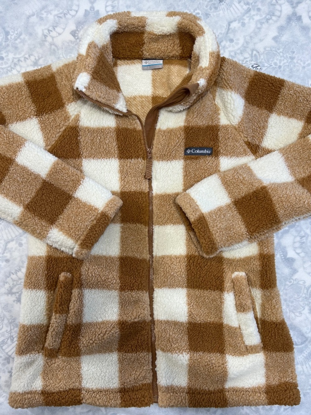 Columbia Women's S Sherpa Jacket Big Timber Peak Full Zip Checkered Brown/White